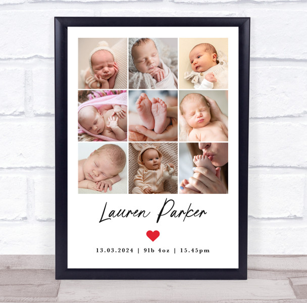 Photo Collage Personalised Gift For New Baby 9-Photo Red Heart Print Or Canvas