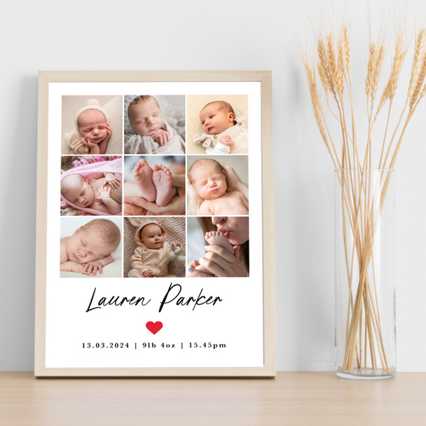 Photo Collage Personalised Gift For New Baby 9-Photo Red Heart Print Or Canvas