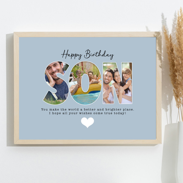 Photo Collage Blue 3-Photo Birthday Personalised Gift For Son Print Or Canvas