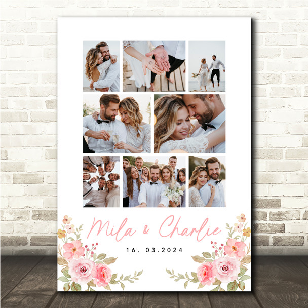 Photo Collage Wedding Personalised Gift 8-Photo Pink Floral Print Or Canvas