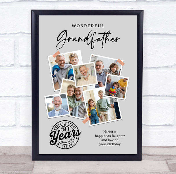 Photo Collage 50th Birthday Gift For Grandfather 7-Photo Grey Print Or Canvas