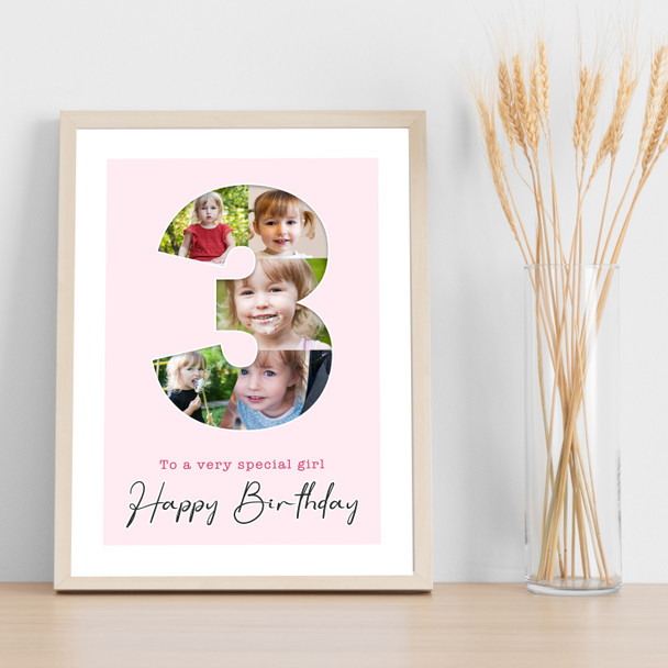 Photo Collage 5-Photo 3rd Birthday Custom Gift For Girls Pink Print Or Canvas