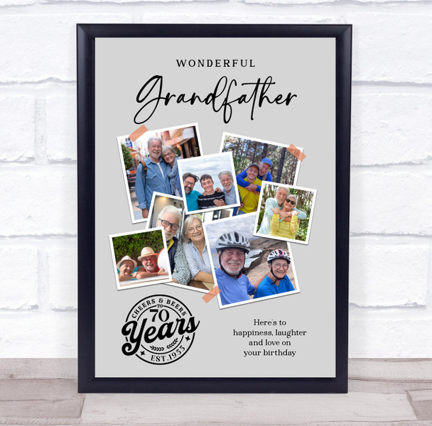 Photo Collage 70th Birthday Gift For Grandfather 7-Photo Grey Print Or Canvas