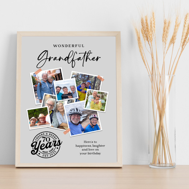 Photo Collage 70th Birthday Gift For Grandfather 7-Photo Grey Print Or Canvas