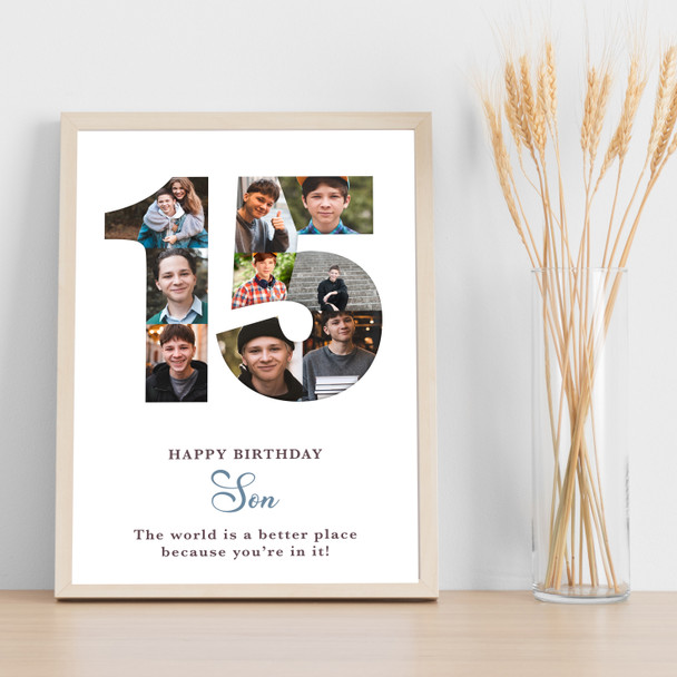 Photo Collage 9-Photo 15th Birthday Gift For Teens Boys White Print Or Canvas