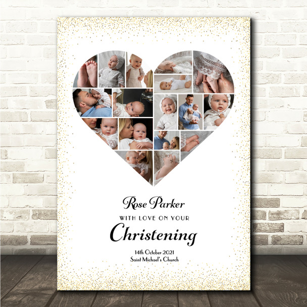 Photo Collage Christening Gift 17-Photo Heart Gold Dots Frame Print Or Canvas