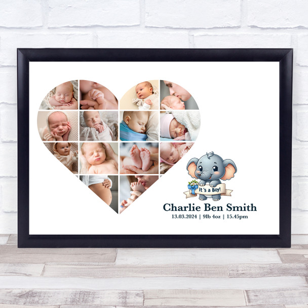 Photo Collage Gift For New Baby 14-Photo Heart Blue Elephant Print Or Canvas