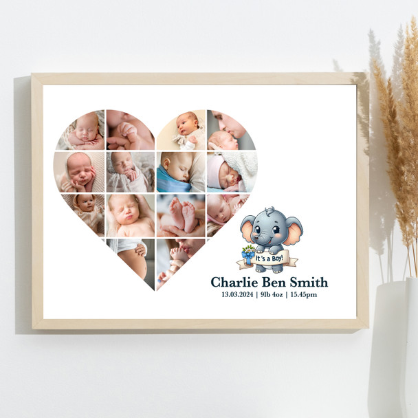 Photo Collage Gift For New Baby 14-Photo Heart Blue Elephant Print Or Canvas