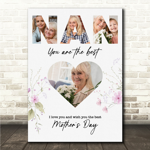 Photo Collage Gift For Nan Mother's Day 4-Photo Heart Floral Print Or Canvas
