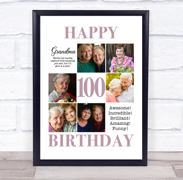 Photo Collage 100th Birthday Custom Gift For Grandma 6-Photo Print Or Canvas