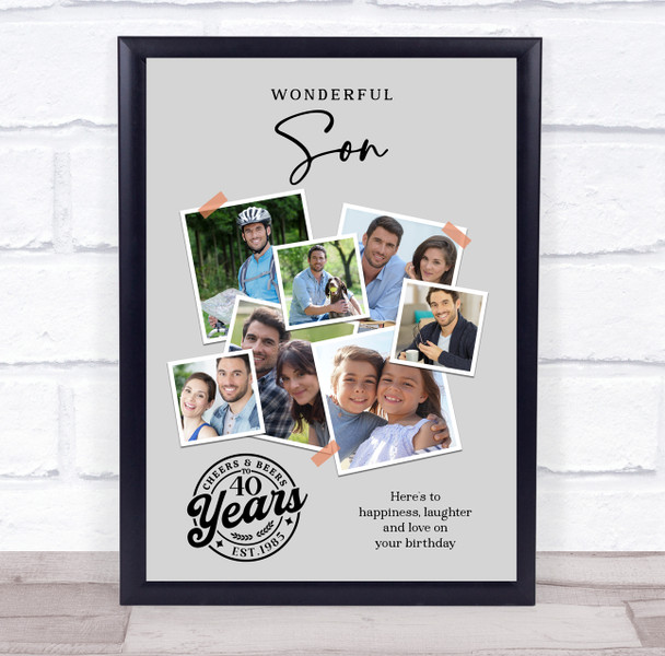 Photo Collage 40th Birthday Custom Gift For Son 7-Photo Grey Print Or Canvas