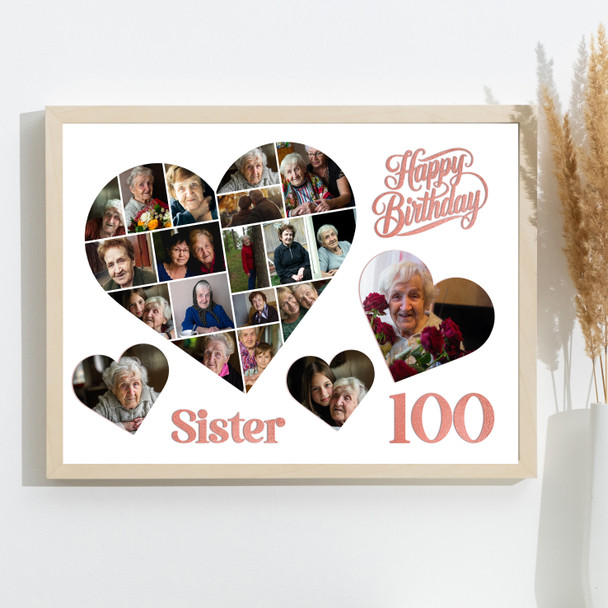 Photo Collage 100th Birthday Gift For Sister 20-Photo Hearts Print Or Canvas