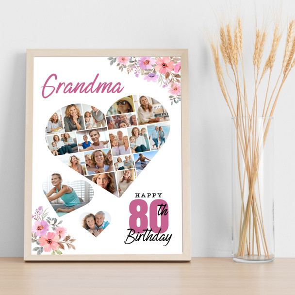 Photo Collage 80th Birthday Gift For Grandma 19-Photo Floral Print Or Canvas