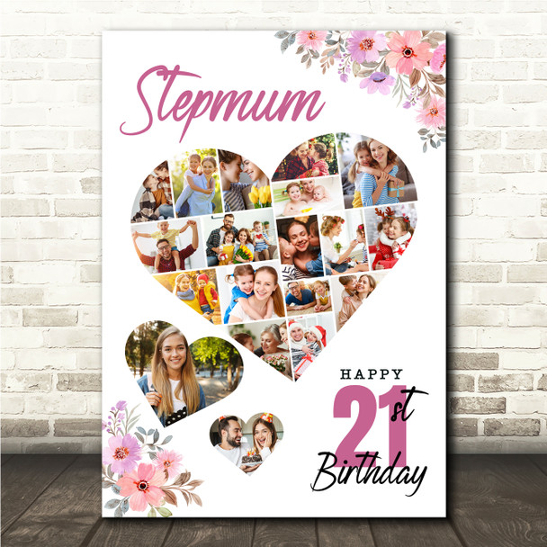 Photo Collage 21st Birthday Gift For Stepmum 19-Photo Floral Print Or Canvas