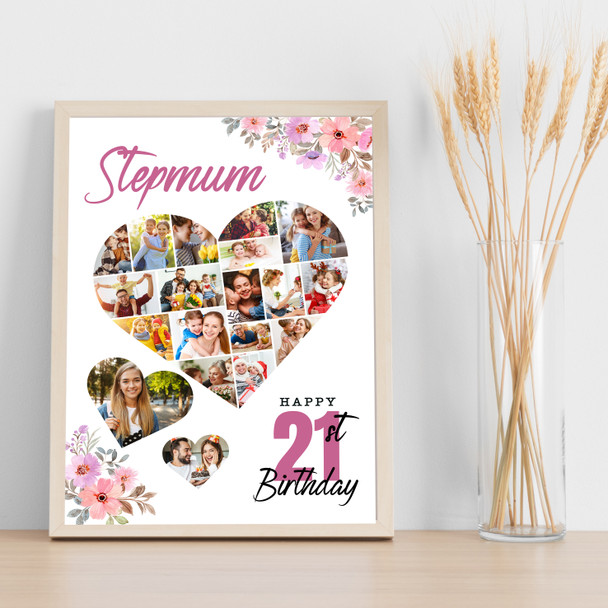 Photo Collage 21st Birthday Gift For Stepmum 19-Photo Floral Print Or Canvas