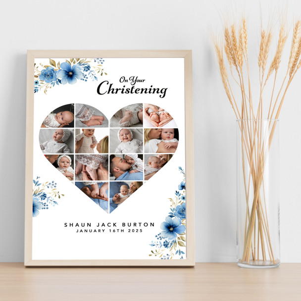 Photo Collage Christening Gift For Boys 14-Photo Blue Floral Print Or Canvas