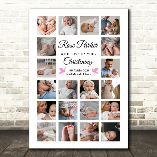 Photo Collage Christening Gift For Girls 20-Photo Pink Doves Print Or Canvas