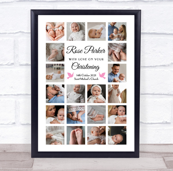 Photo Collage Christening Gift For Girls 20-Photo Pink Doves Print Or Canvas