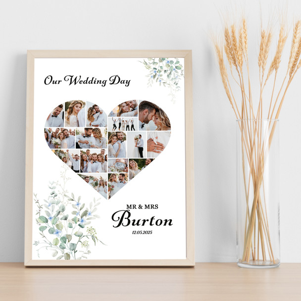 Photo Collage Wedding Custom Gift 17-Photo Heart Eucalyptus Print Or Canvas