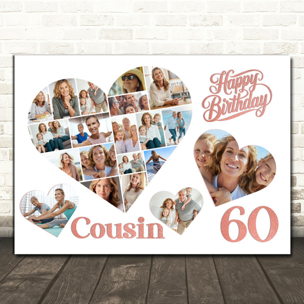 Photo Collage 60th Birthday Gift For Cousin 20-Photo Hearts Print Or Canvas