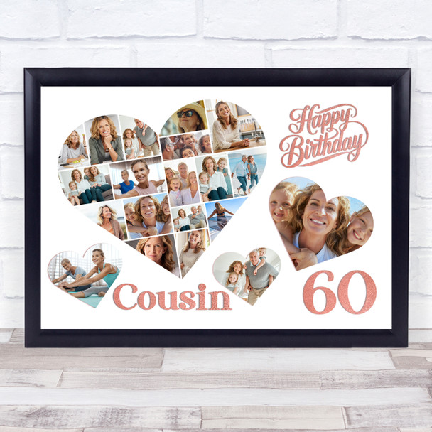 Photo Collage 60th Birthday Gift For Cousin 20-Photo Hearts Print Or Canvas