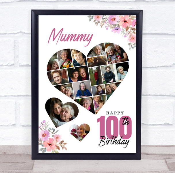 Photo Collage 100th Birthday Gift For Mummy 19-Photo Floral Print Or Canvas