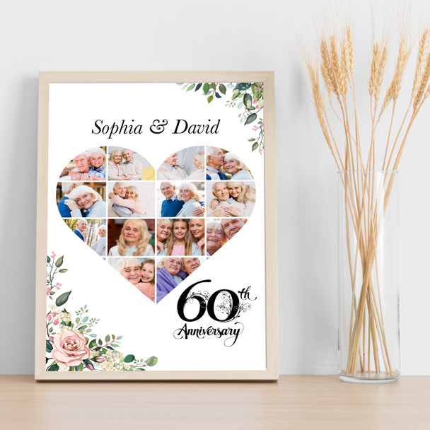 Photo Collage 60th Wedding Anniversary Gift 14-Photo Pink Floral Print Or Canvas