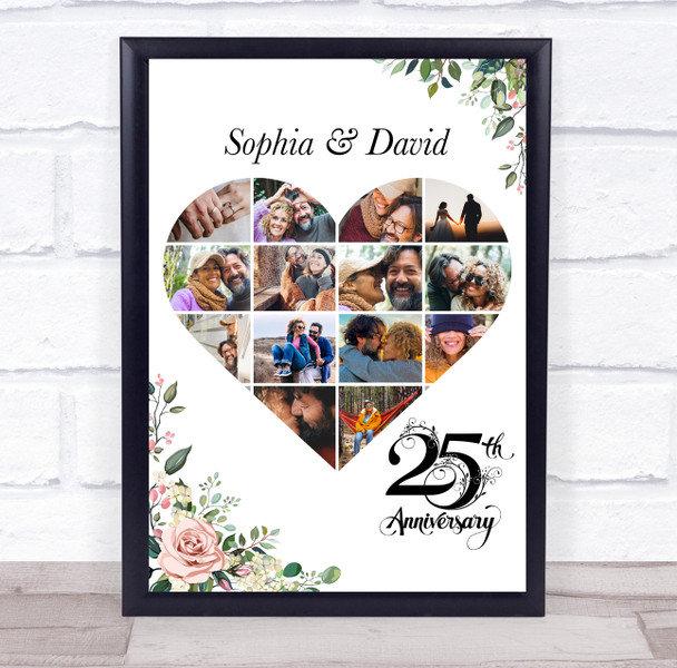 Photo Collage 25th Wedding Anniversary Gift 14-Photo Pink Floral Print Or Canvas