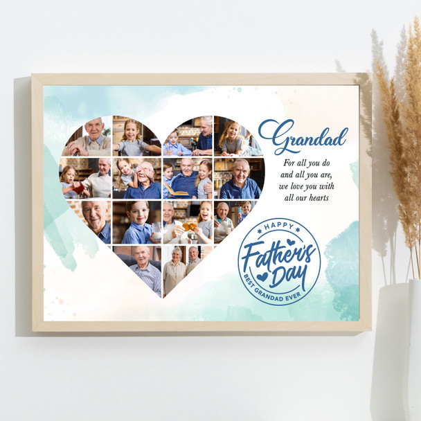 Photo Collage Gift For Grandad Father's Day 14-Photo Heart Blue Print Or Canvas
