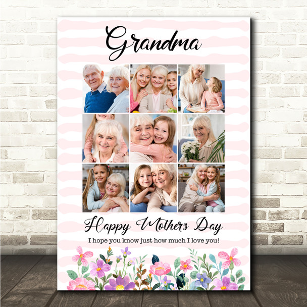 Photo Collage Gift For Grandma Mother's Day 9-Photo Pink Floral Print Or Canvas