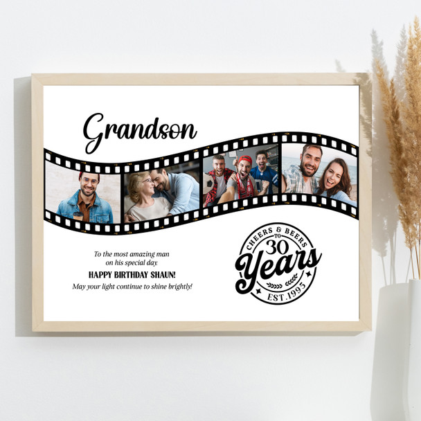 Photo Collage 30th Birthday Gift For Grandson 4-Photo Film Reel Print Or Canvas