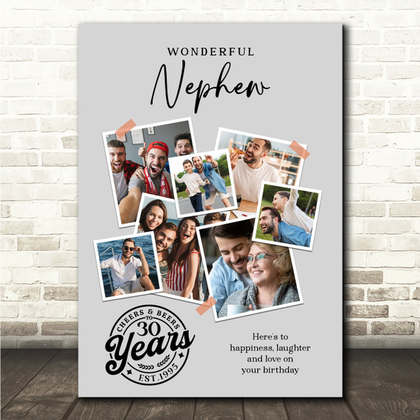 Photo Collage 30th Birthday Custom Gift For Nephew 7-Photo Grey Print Or Canvas