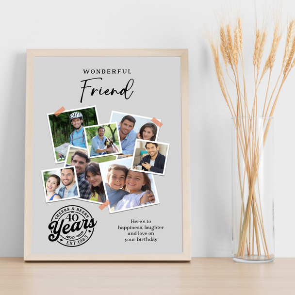 Photo Collage 40th Birthday Custom Gift For Friend 7-Photo Grey Print Or Canvas