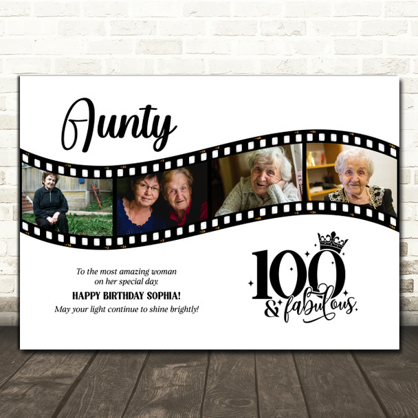 Photo Collage 100th Birthday Gift For Aunty 4-Photo Camera Film Print Or Canvas
