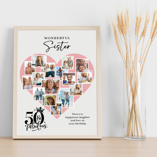 Photo Collage 50th Birthday Gift For Sister 16-Photo Pink Heart Print Or Canvas