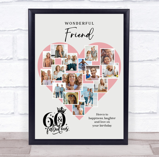 Photo Collage 60th Birthday Gift For Friend 16-Photo Pink Heart Print Or Canvas