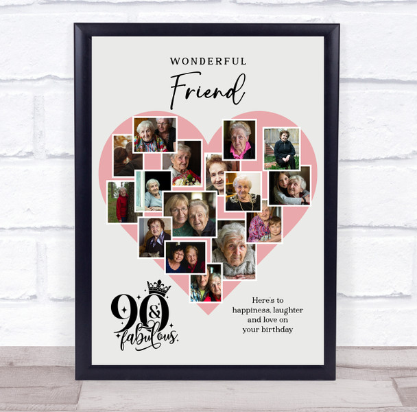 Photo Collage 90th Birthday Gift For Friend 16-Photo Pink Heart Print Or Canvas