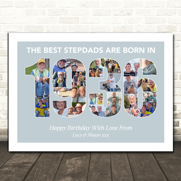 Photo Collage Blue Birthday Gift For Stepdad 25-Photo Year 1936 Print Or Canvas