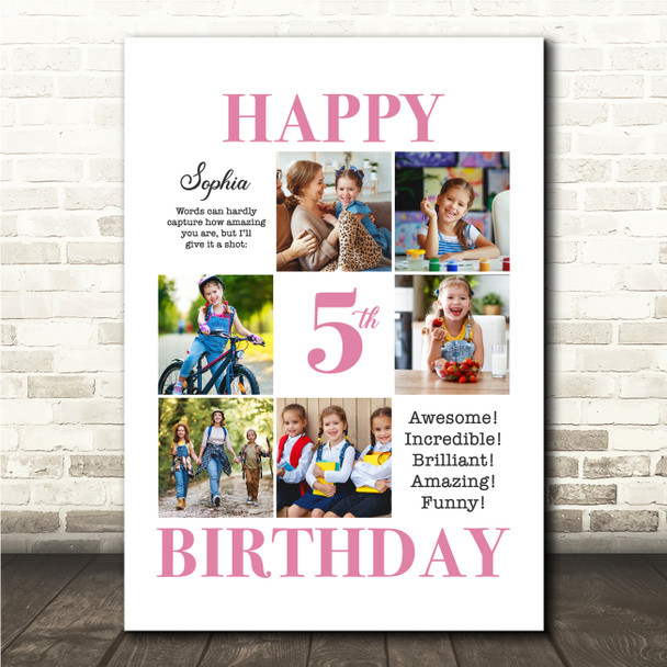 Photo Collage Kids Birthday Gift For Girls Any Age 6-Photo Pink Print Or Canvas
