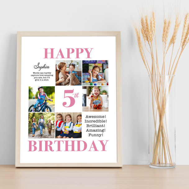 Photo Collage Kids Birthday Gift For Girls Any Age 6-Photo Pink Print Or Canvas
