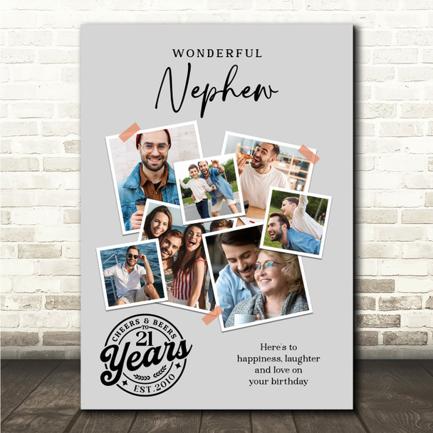 Photo Collage 21st Birthday Custom Gift For Nephew 7-Photo Grey Print Or Canvas