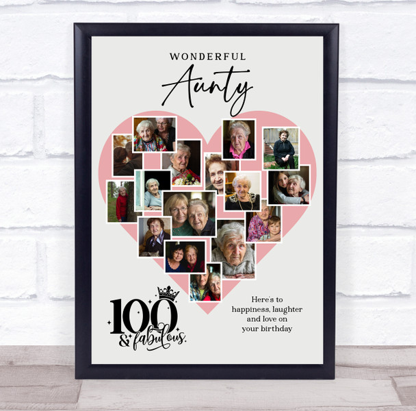 Photo Collage 100th Birthday Gift For Aunty 16-Photo Pink Heart Print Or Canvas