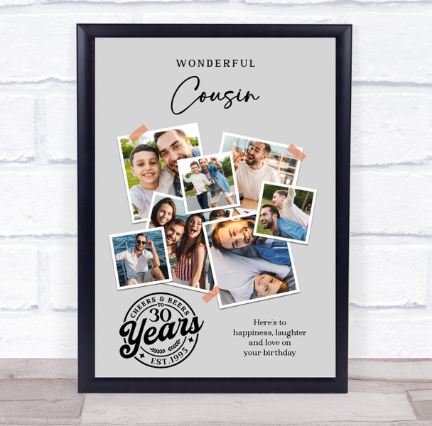 Photo Collage 30th Birthday Custom Gift For Cousin 7-Photo Grey Print Or Canvas