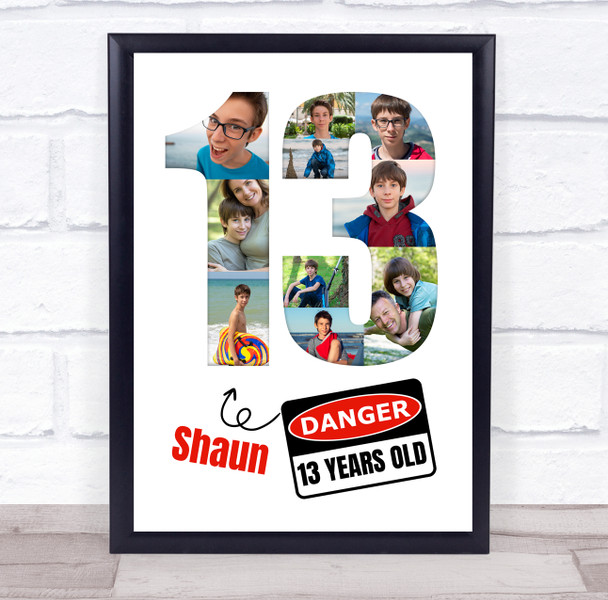 Photo Collage 10-Photo 13th Birthday Gift For Boys Danger Sign Print Canvas