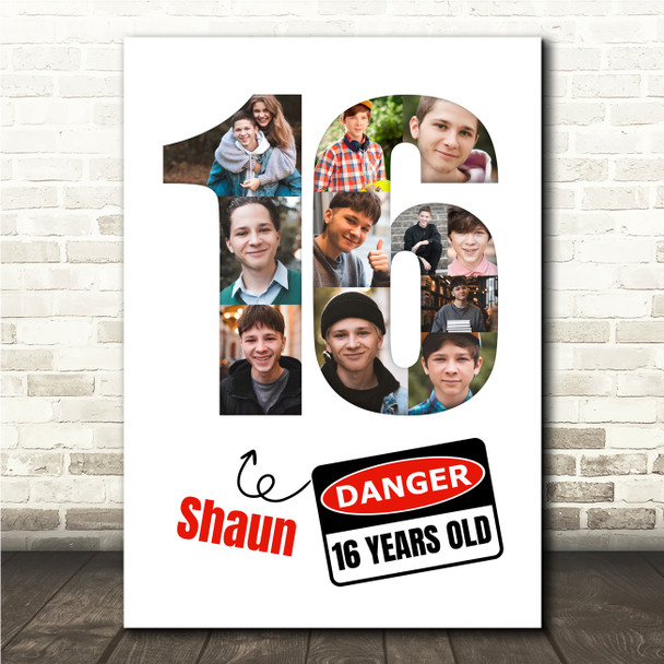 Photo Collage 11-Photo 16th Birthday Gift For Boys Danger Sign Print Canvas