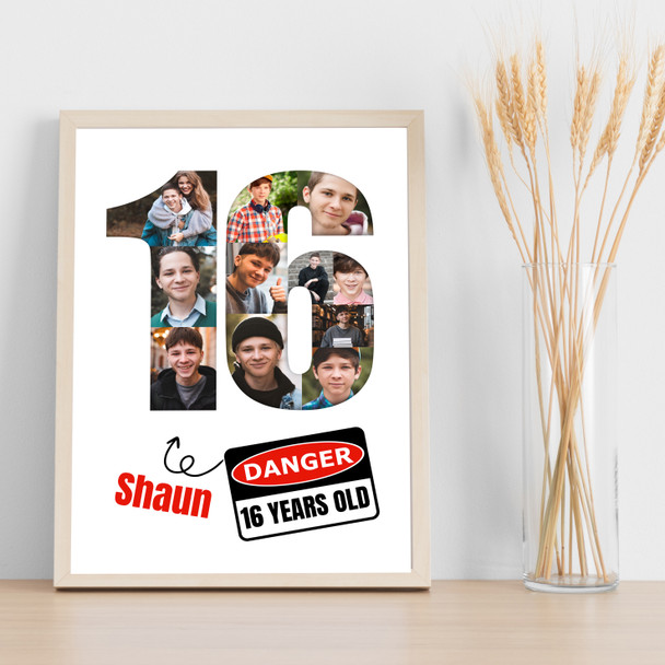 Photo Collage 11-Photo 16th Birthday Gift For Boys Danger Sign Print Canvas