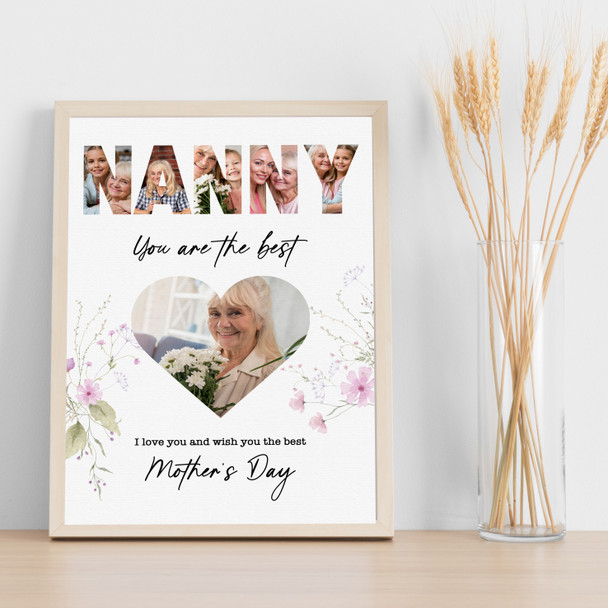 Photo Collage Gift For Nanny Mother's Day 4-Photo Heart Floral Print Or Canvas
