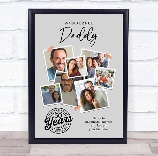 Photo Collage 50th Birthday Custom Gift For Daddy 7-Photo Grey Print Or Canvas