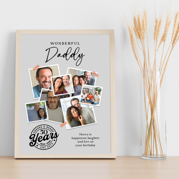 Photo Collage 50th Birthday Custom Gift For Daddy 7-Photo Grey Print Or Canvas