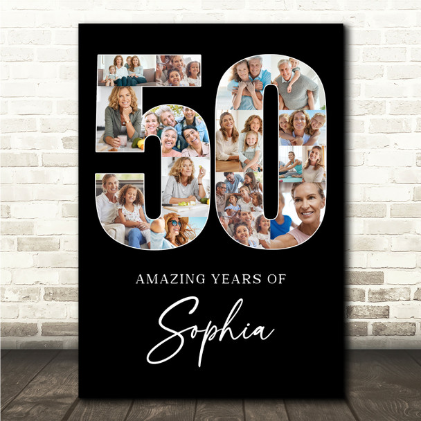 Photo Collage 50th Birthday Gift For Her 17-Photo Age 50 Black Print Or Canvas